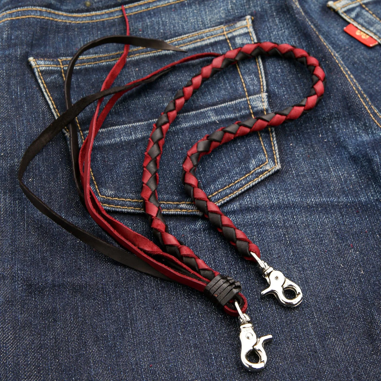 Red & Black Braided Genuine Leather Wallet Chain