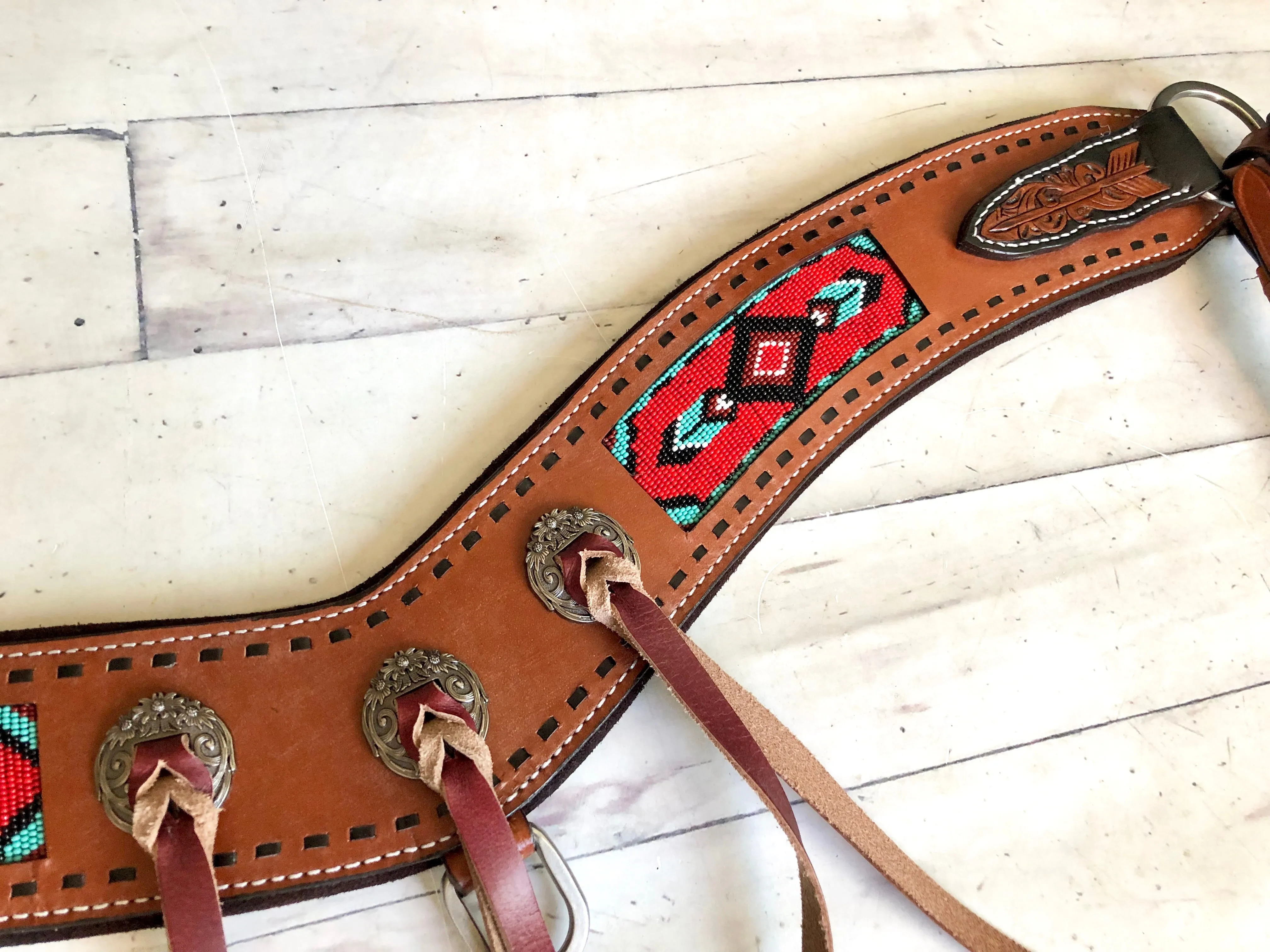 Red Beaded Inset Leather Tassel Concho Tripping Collar