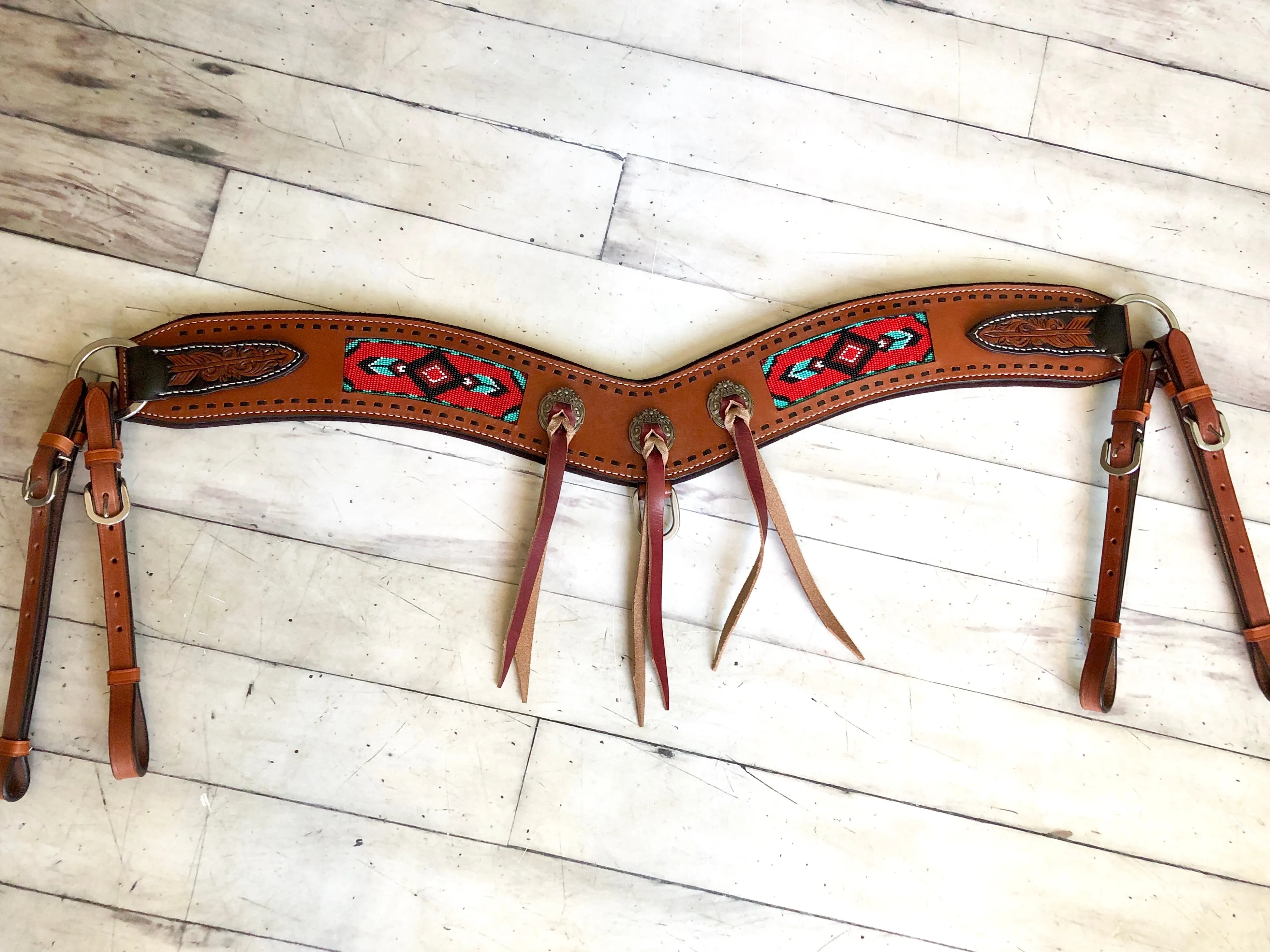 Red Beaded Inset Leather Tassel Concho Tripping Collar