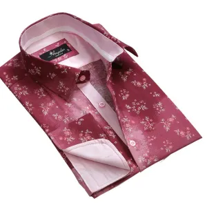 Red Floral Sheen Mens Slim Fit French Cuff Shirts with Cufflink Holes - Casual and Formal