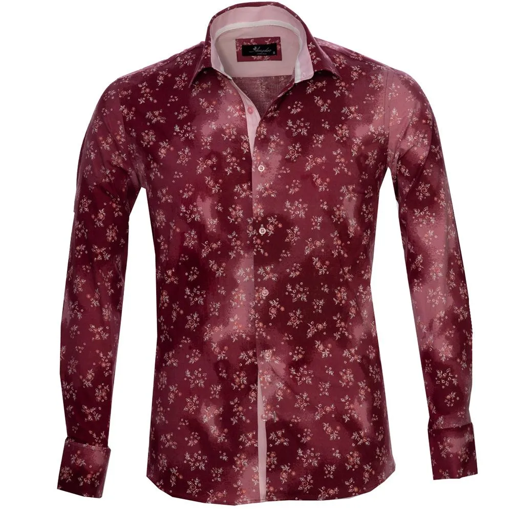 Red Floral Sheen Mens Slim Fit French Cuff Shirts with Cufflink Holes - Casual and Formal