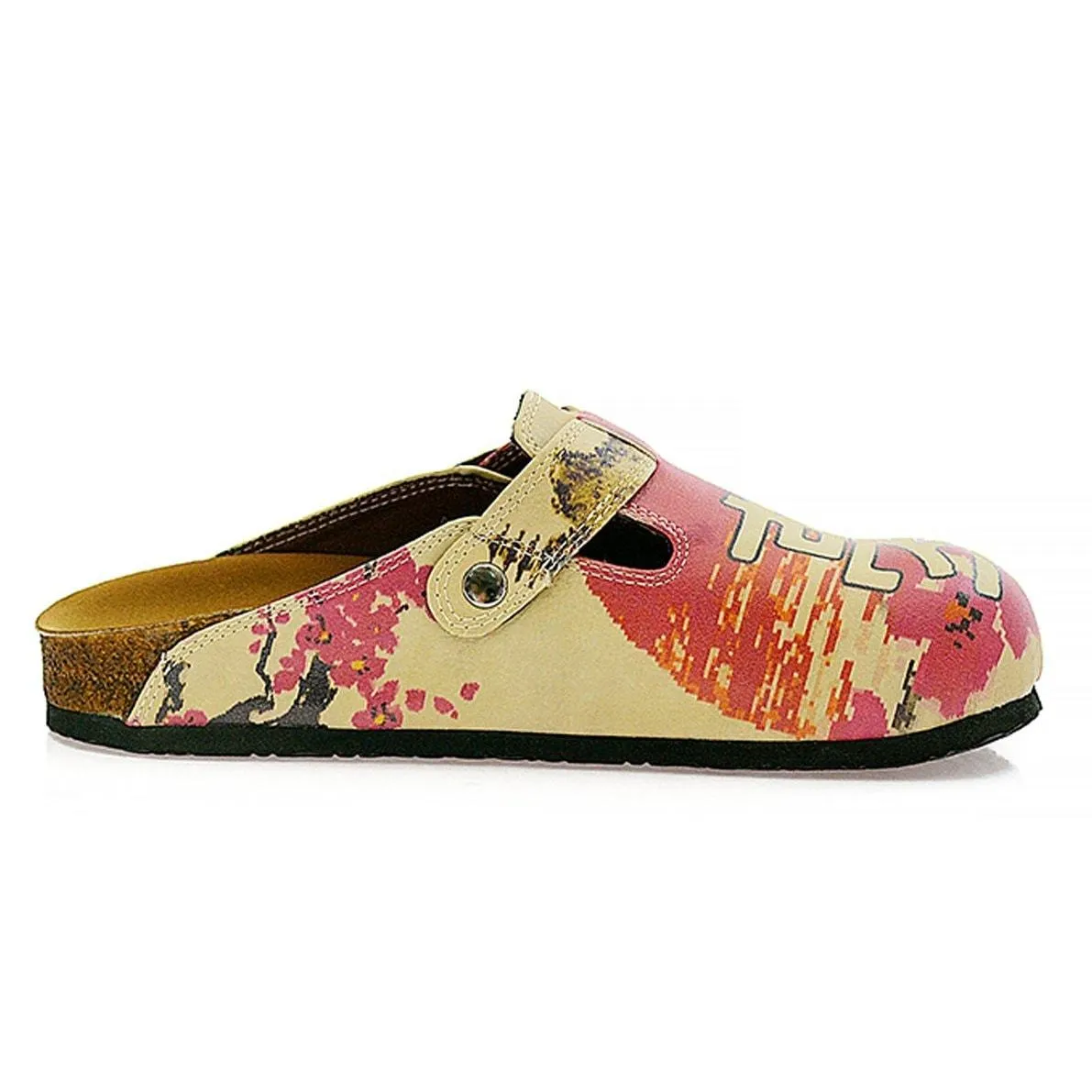 Red Flowers and Brown China Man, Red Patterned Clogs - CAL320