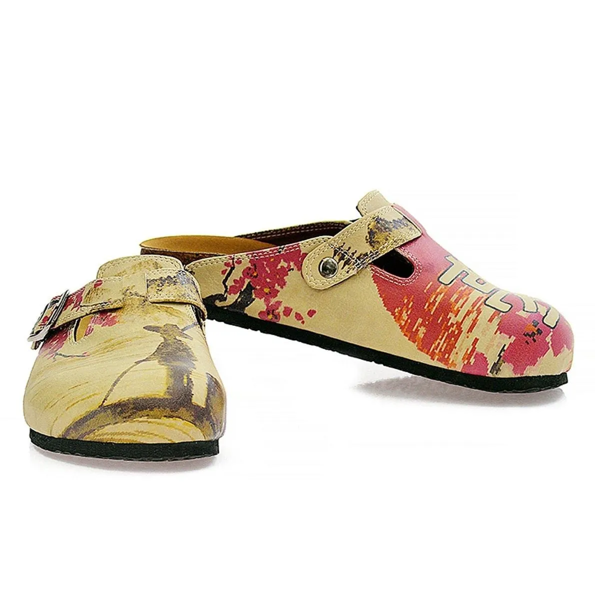 Red Flowers and Brown China Man, Red Patterned Clogs - CAL320