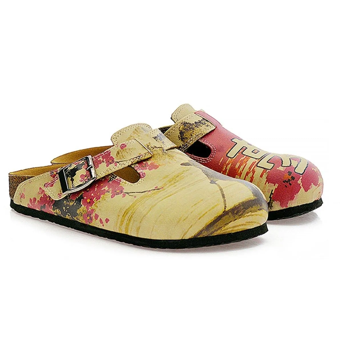 Red Flowers and Brown China Man, Red Patterned Clogs - CAL320