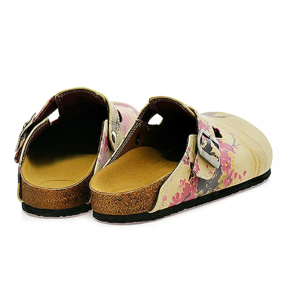 Red Flowers and Brown China Man, Red Patterned Clogs - CAL320