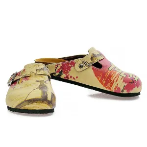 Red Flowers and Brown China Man, Red Patterned Clogs - CAL320