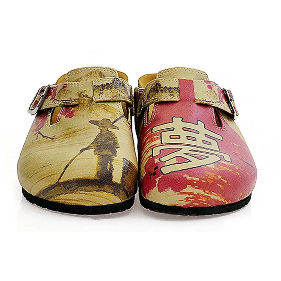 Red Flowers and Brown China Man, Red Patterned Clogs - CAL320