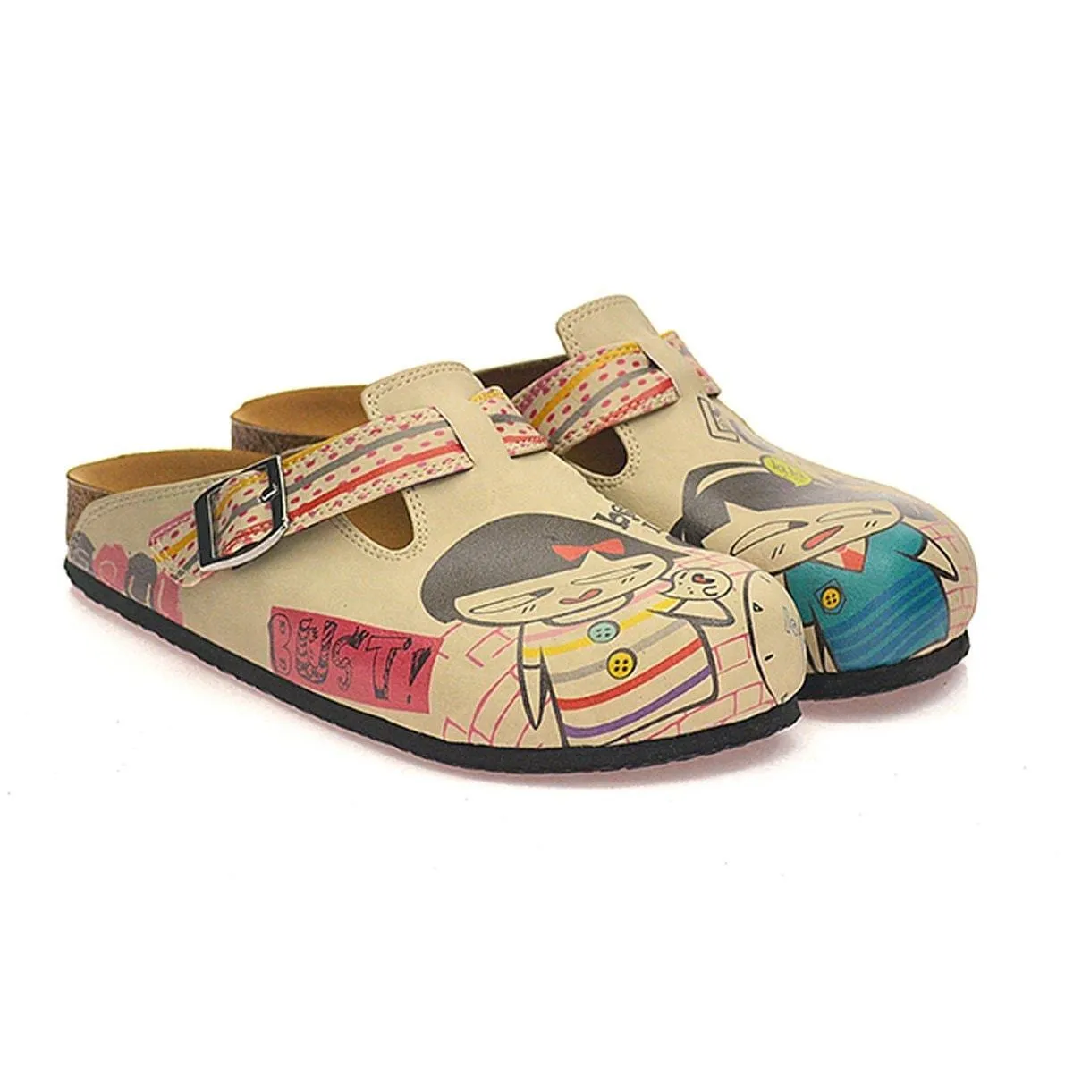 Red, Grey, Orange Strip and Round, Being in Love Written Girls Patterned Clogs - CAL336