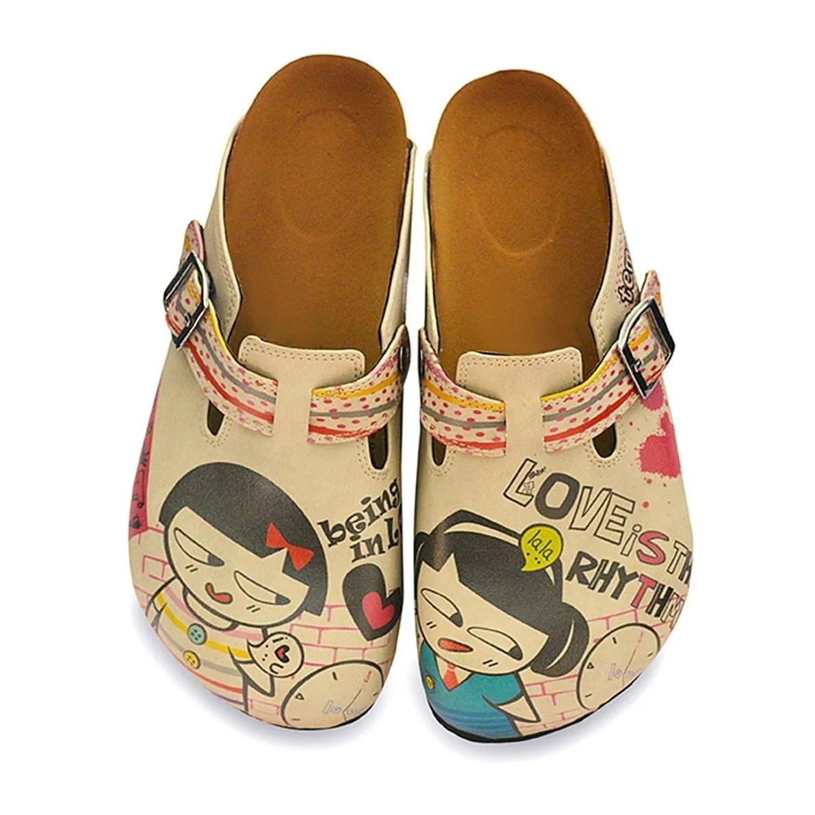 Red, Grey, Orange Strip and Round, Being in Love Written Girls Patterned Clogs - CAL336