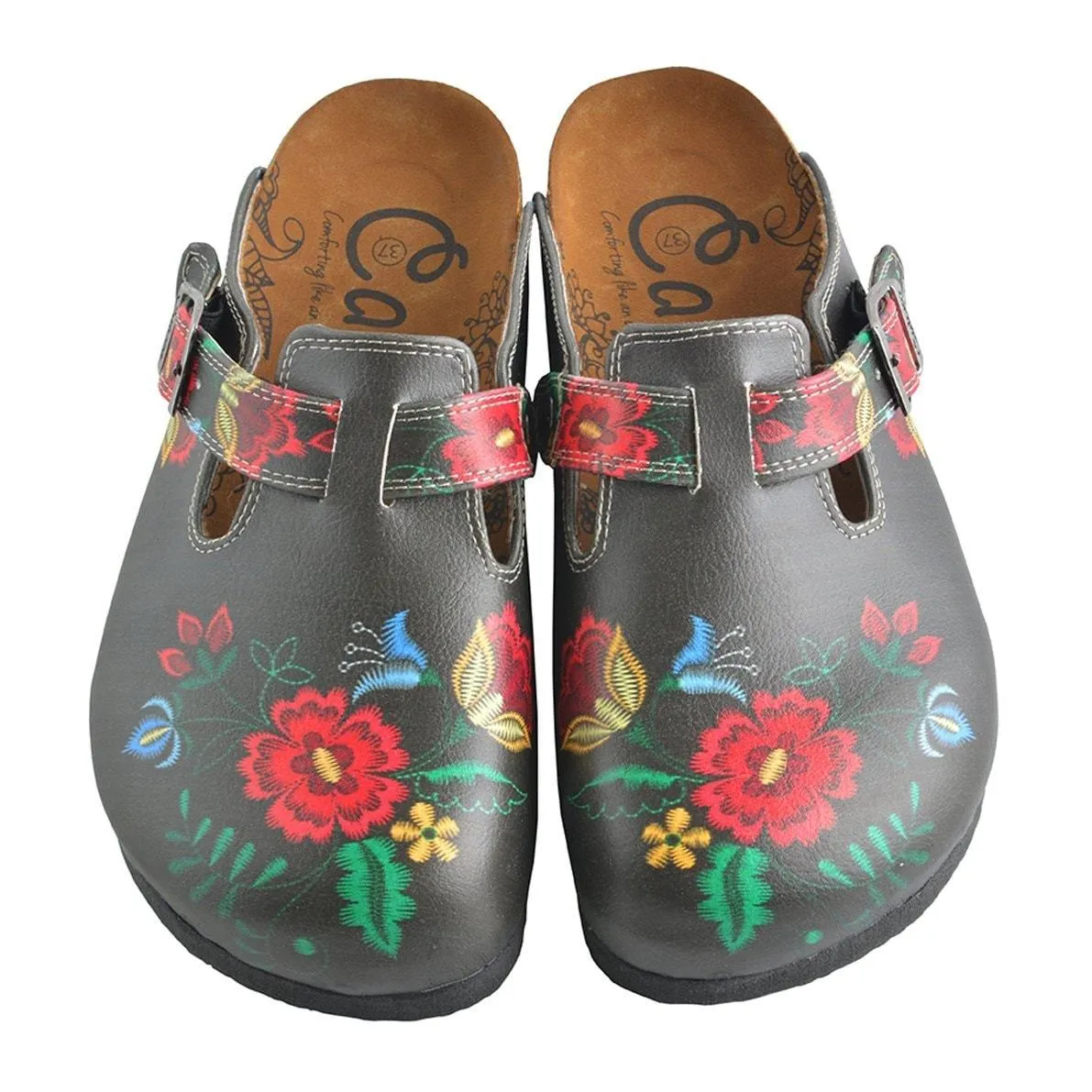 Red, Grey, Yellow Colored Flowers Patterned Clogs - WCAL355