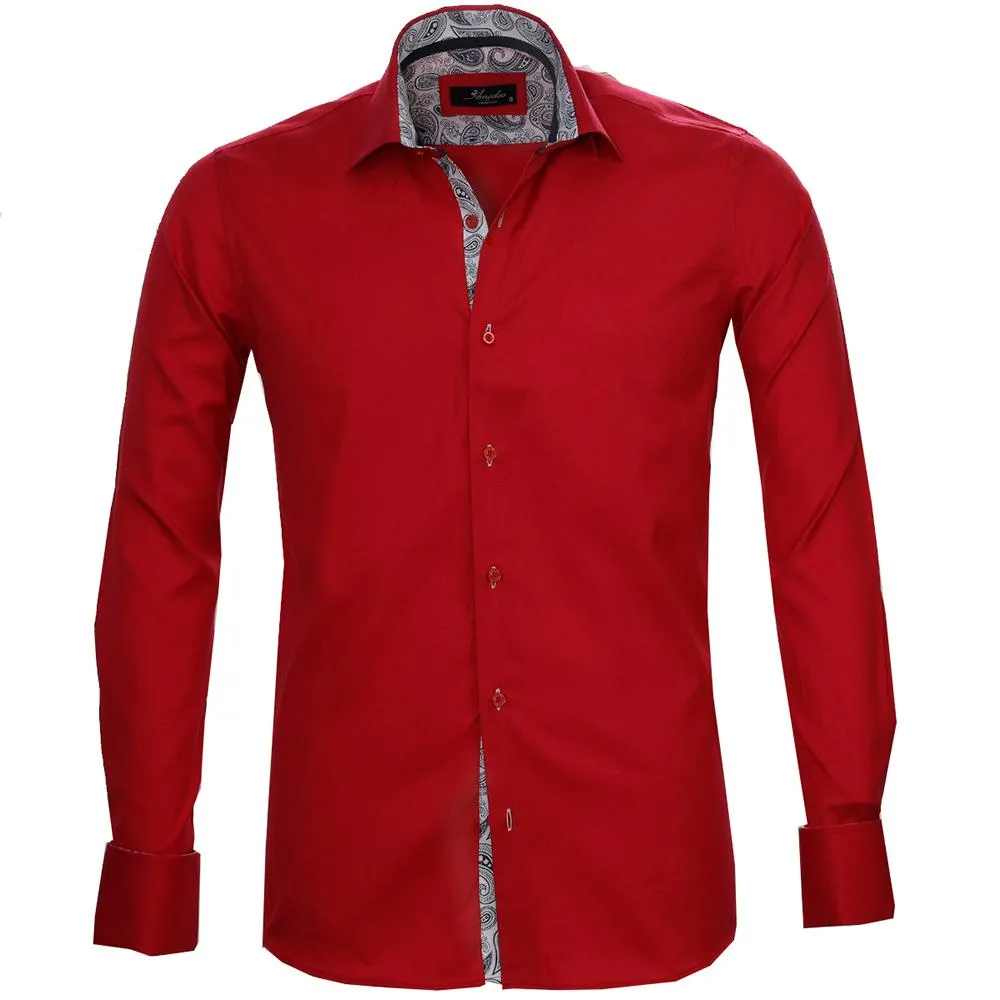 Red Mens Slim Fit French Cuff Shirts with Cufflink Holes - Casual and Formal