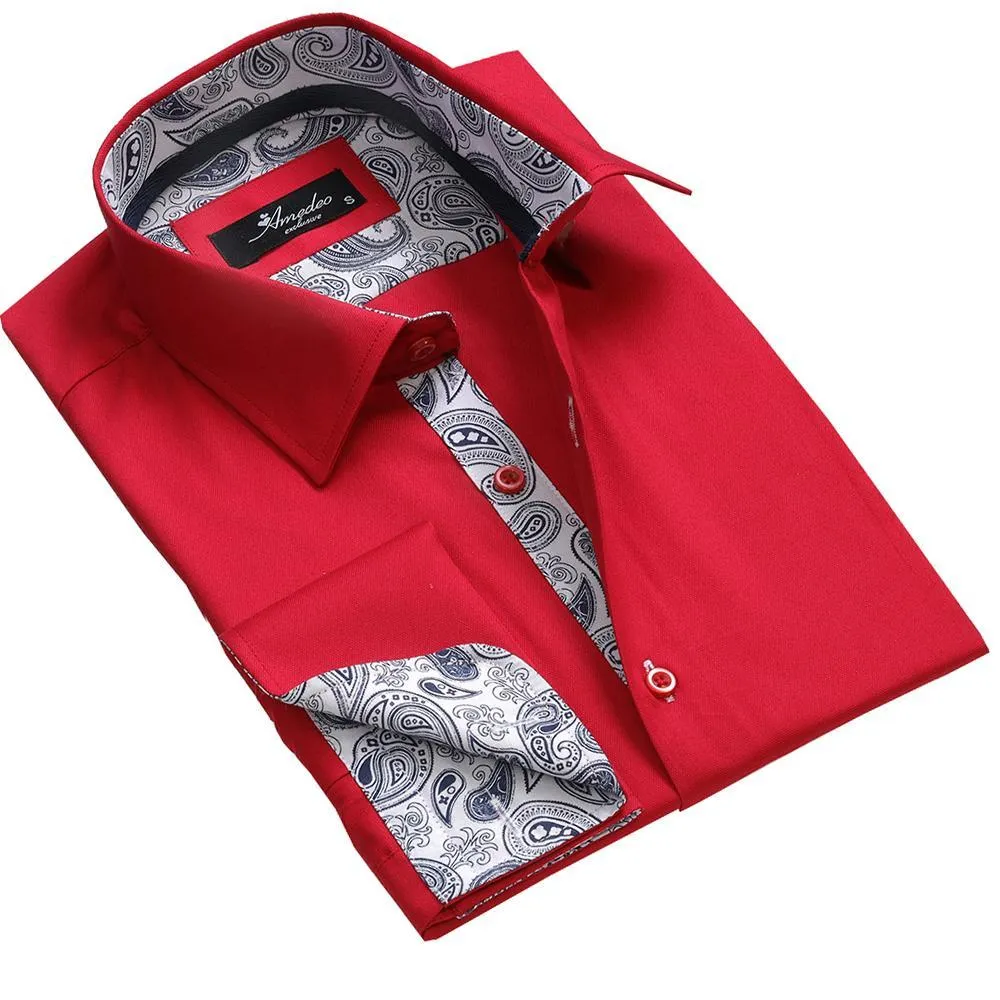 Red Mens Slim Fit French Cuff Shirts with Cufflink Holes - Casual and Formal