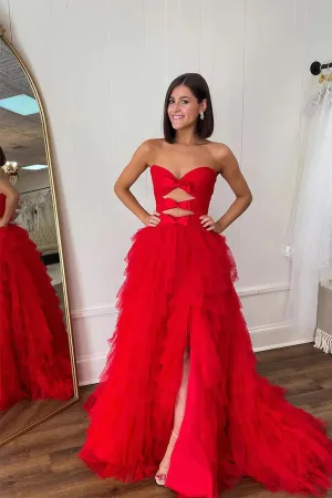 Red Strapless A-line Layers Bows Long Prom Dress with Slit TP1277