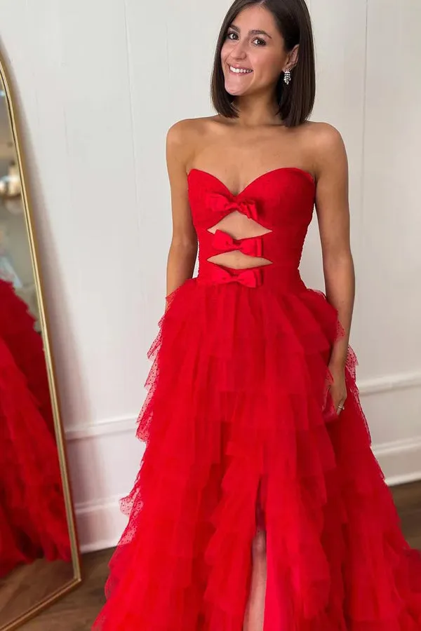 Red Strapless A-line Layers Bows Long Prom Dress with Slit TP1277