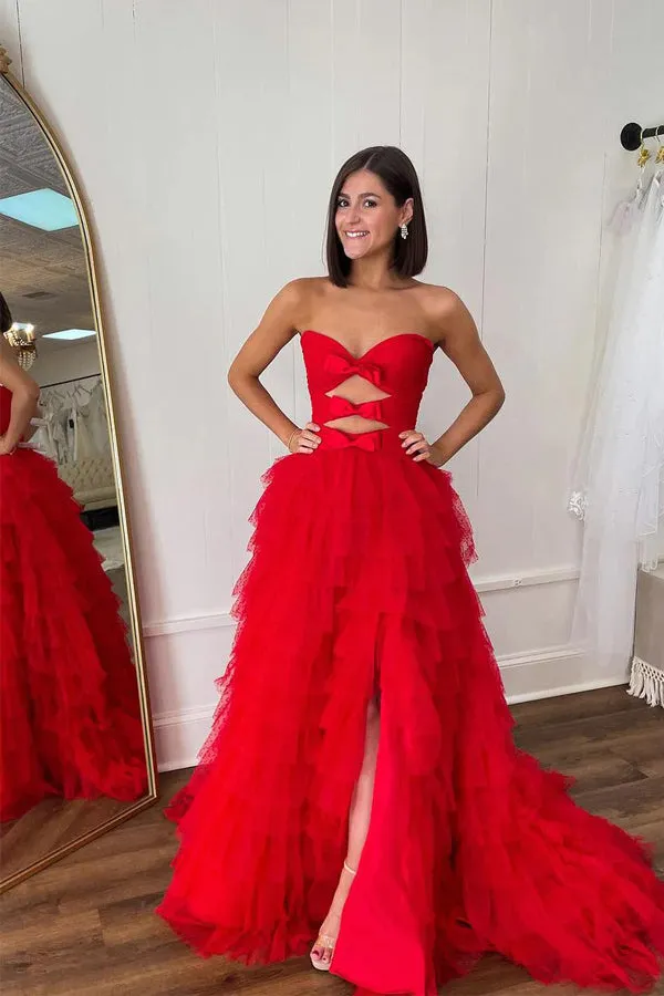 Red Strapless A-line Layers Bows Long Prom Dress with Slit TP1277