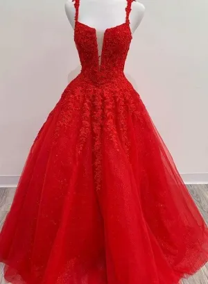 Red Tulle Lace Appliques Long Prom Dress A Line Formal Evening Dress TP1093