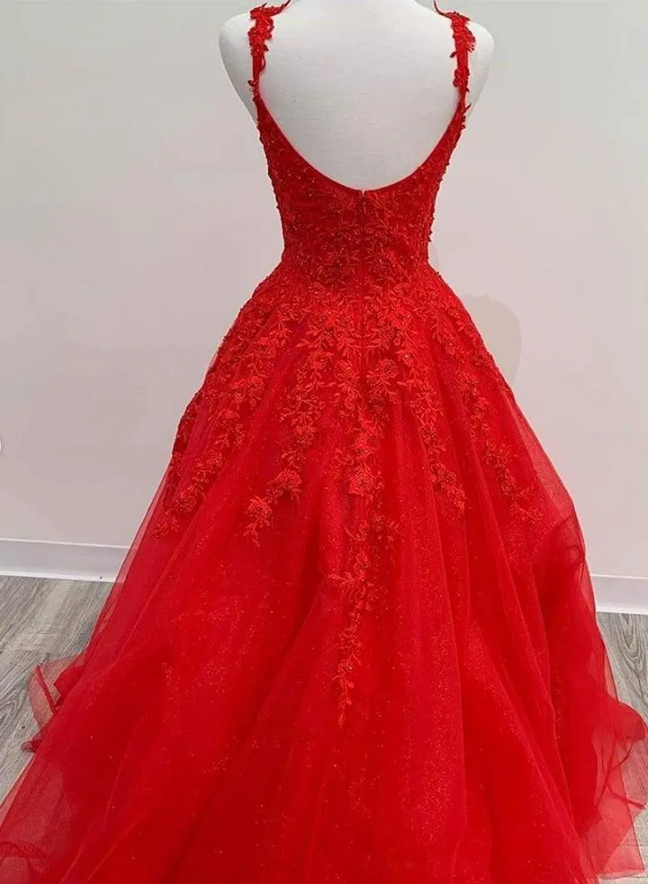Red Tulle Lace Appliques Long Prom Dress A Line Formal Evening Dress TP1093