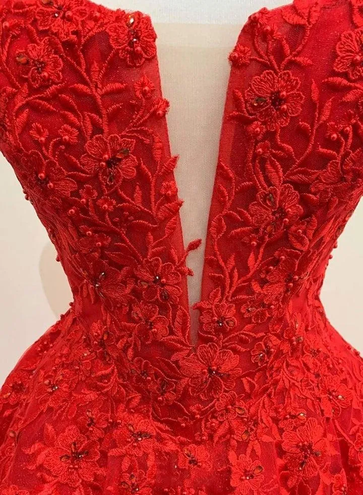 Red Tulle Lace Appliques Long Prom Dress A Line Formal Evening Dress TP1093