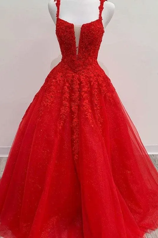 Red Tulle Lace Appliques Long Prom Dress A Line Formal Evening Dress TP1093