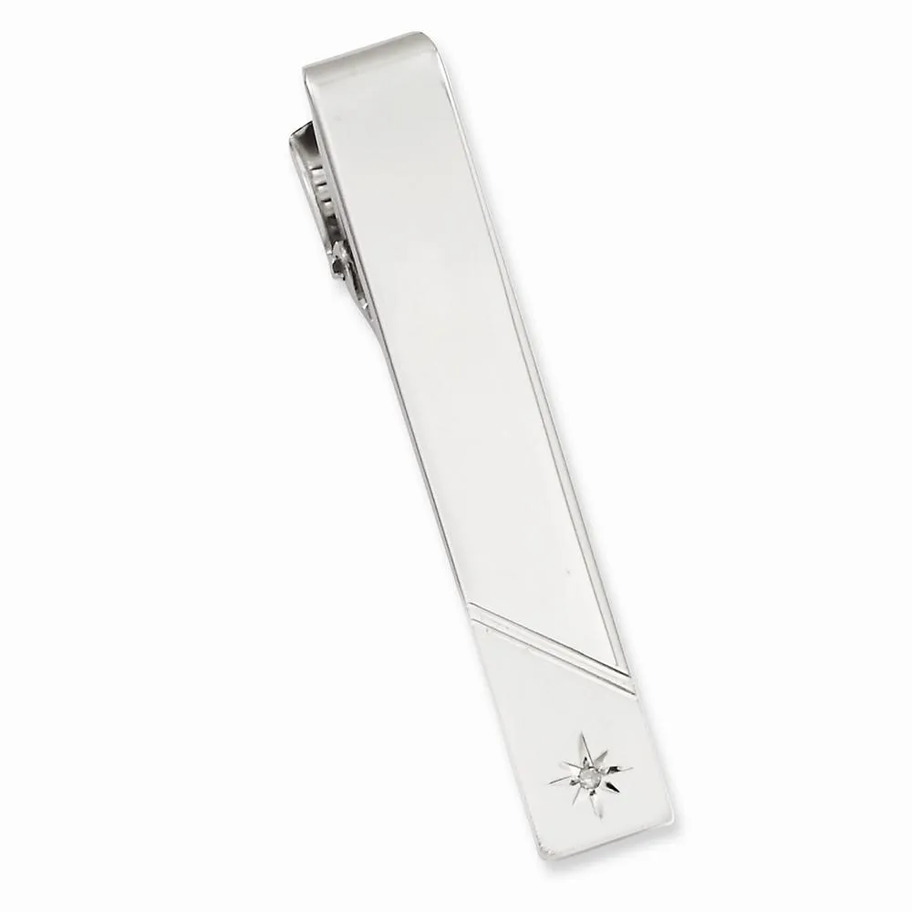 Rhodium Plated Diamond Florentined Tie Bar