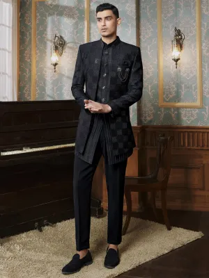 Rich Black Velvet Three Piece Indo Western Suit