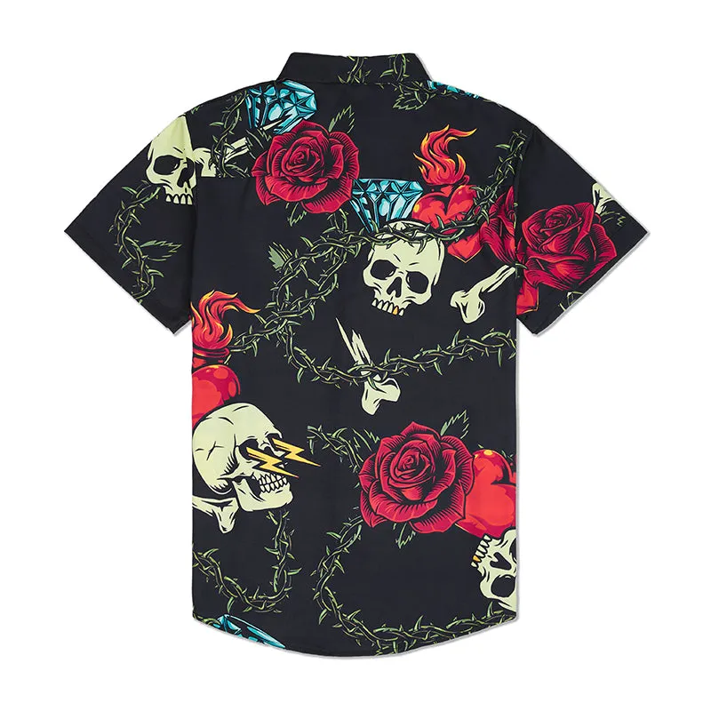 ROMANTIC SKULL ROSE PRINTED ALOHA SHIRT