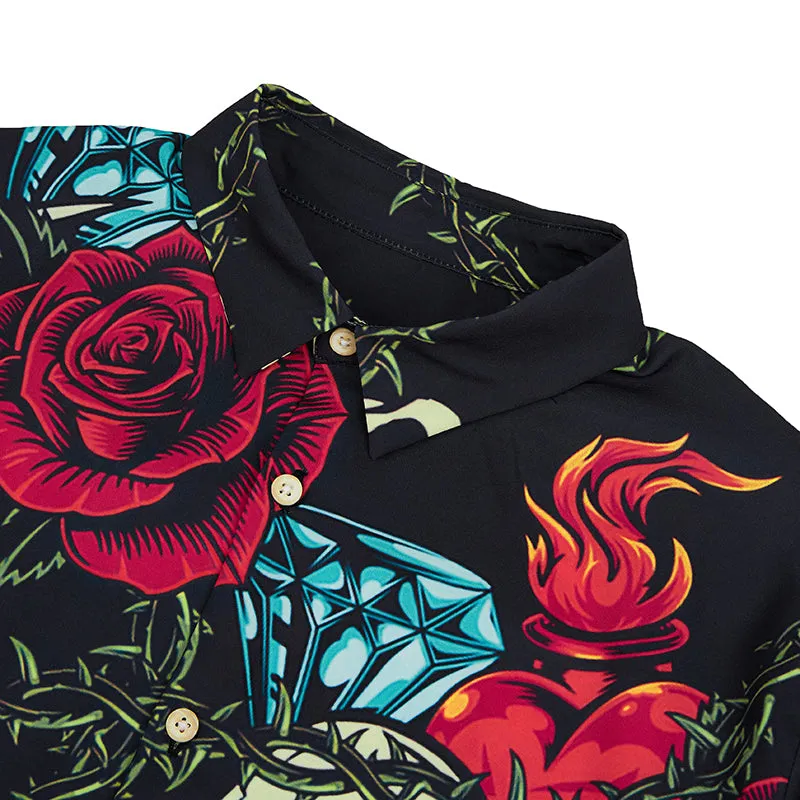 ROMANTIC SKULL ROSE PRINTED ALOHA SHIRT