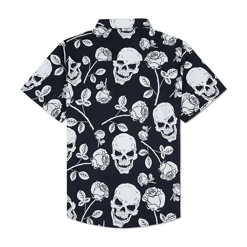 ROMANTIC SKULL ROSE PRINTED ALOHA SHIRT
