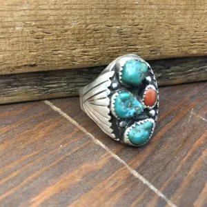 Rough-Out 3 Turquoise and Coral Ring | Vintage