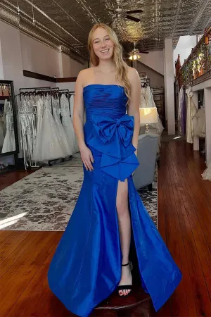 Royal Blue Mermaid Bow Satin Pleated Prom Dress with Slit TP1387