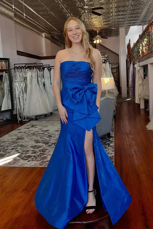 Royal Blue Mermaid Bow Satin Pleated Prom Dress with Slit TP1387