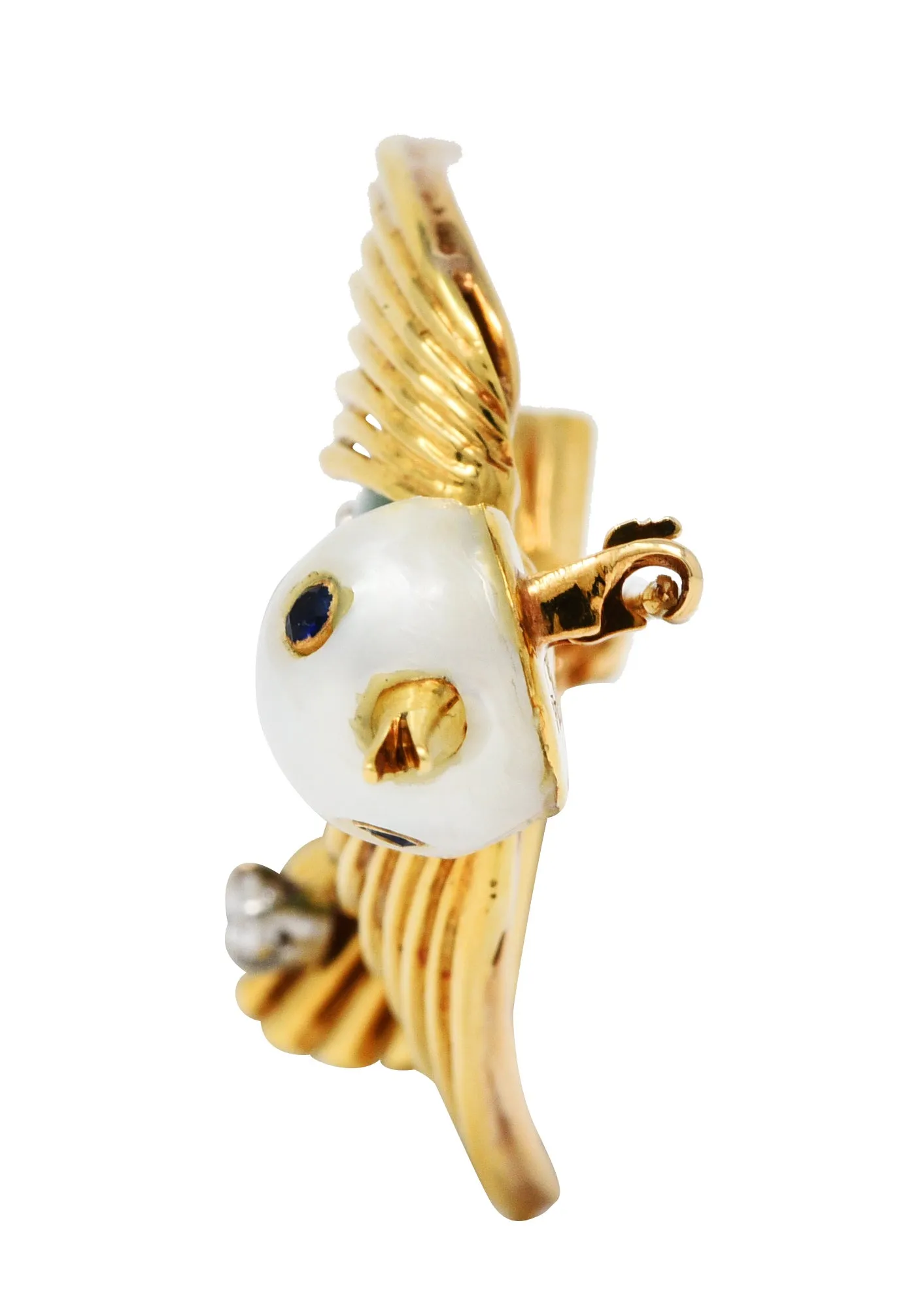 Ruser Jade Pearl Diamond Sapphire Platinum 18 Karat Gold Bird Brooch Circa 1960