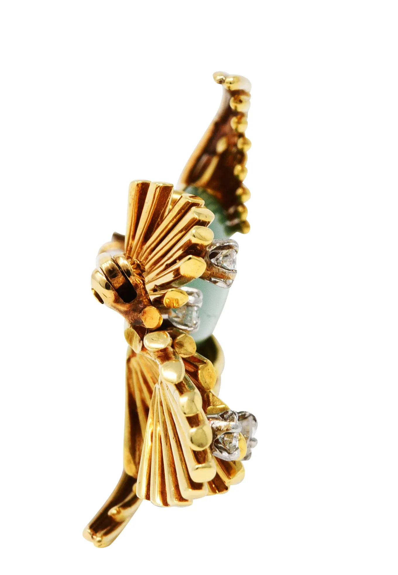 Ruser Jade Pearl Diamond Sapphire Platinum 18 Karat Gold Bird Brooch Circa 1960