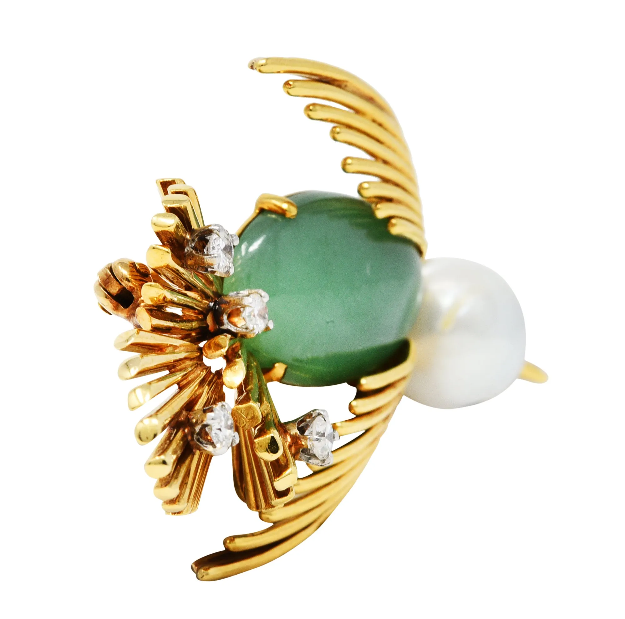 Ruser Jade Pearl Diamond Sapphire Platinum 18 Karat Gold Bird Brooch Circa 1960
