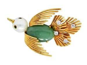 Ruser Jade Pearl Diamond Sapphire Platinum 18 Karat Gold Bird Brooch Circa 1960