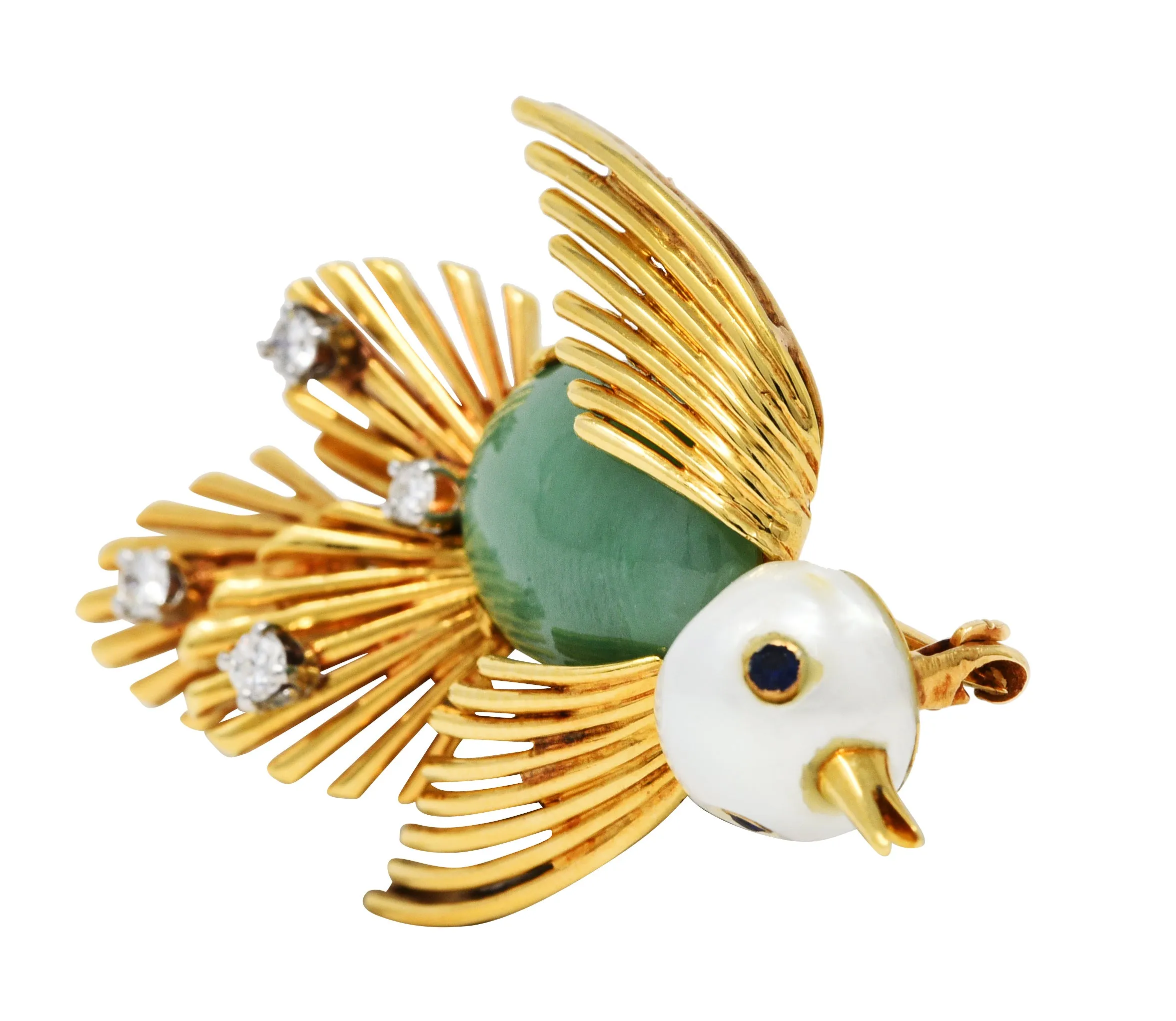 Ruser Jade Pearl Diamond Sapphire Platinum 18 Karat Gold Bird Brooch Circa 1960