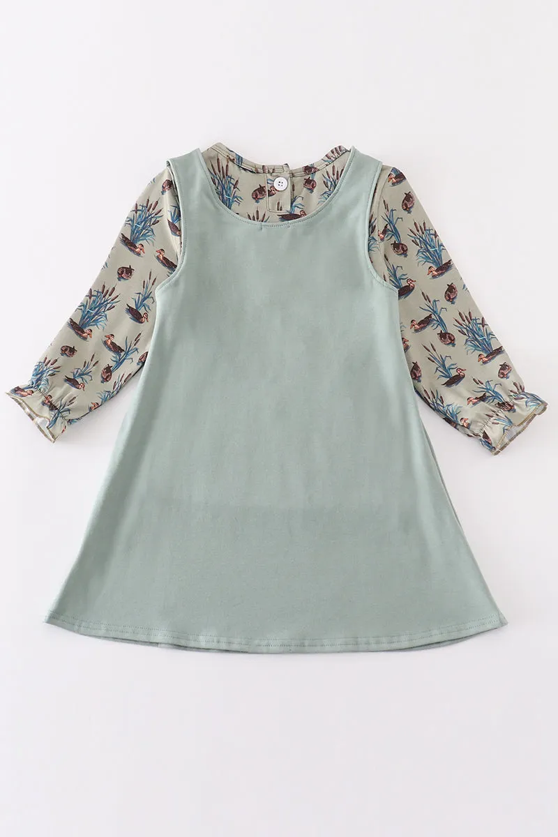 Sage Duck French Knot Girl Dress Set