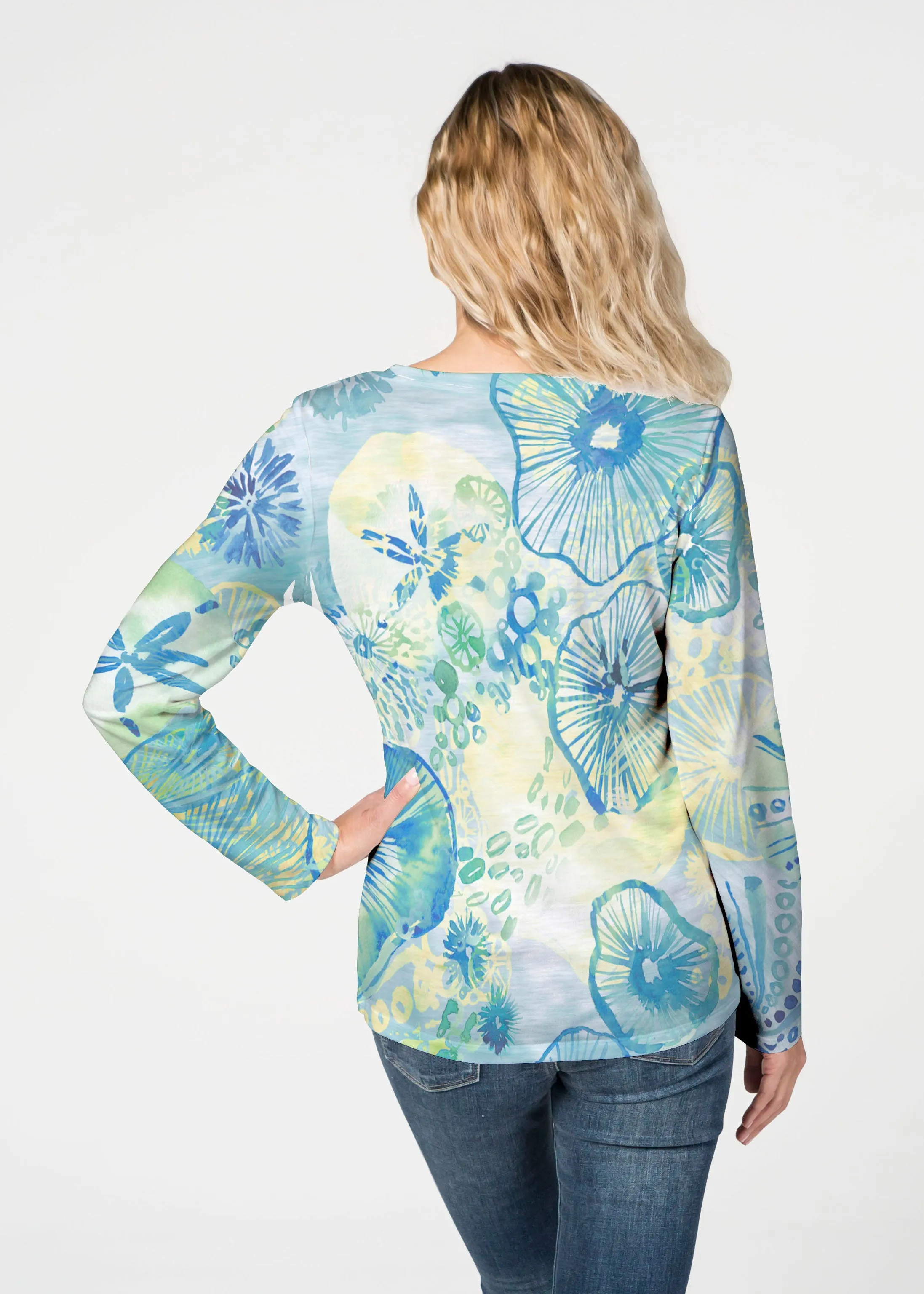 Sand Dollar Aqua (16256) ~ French Terry V-neck Top