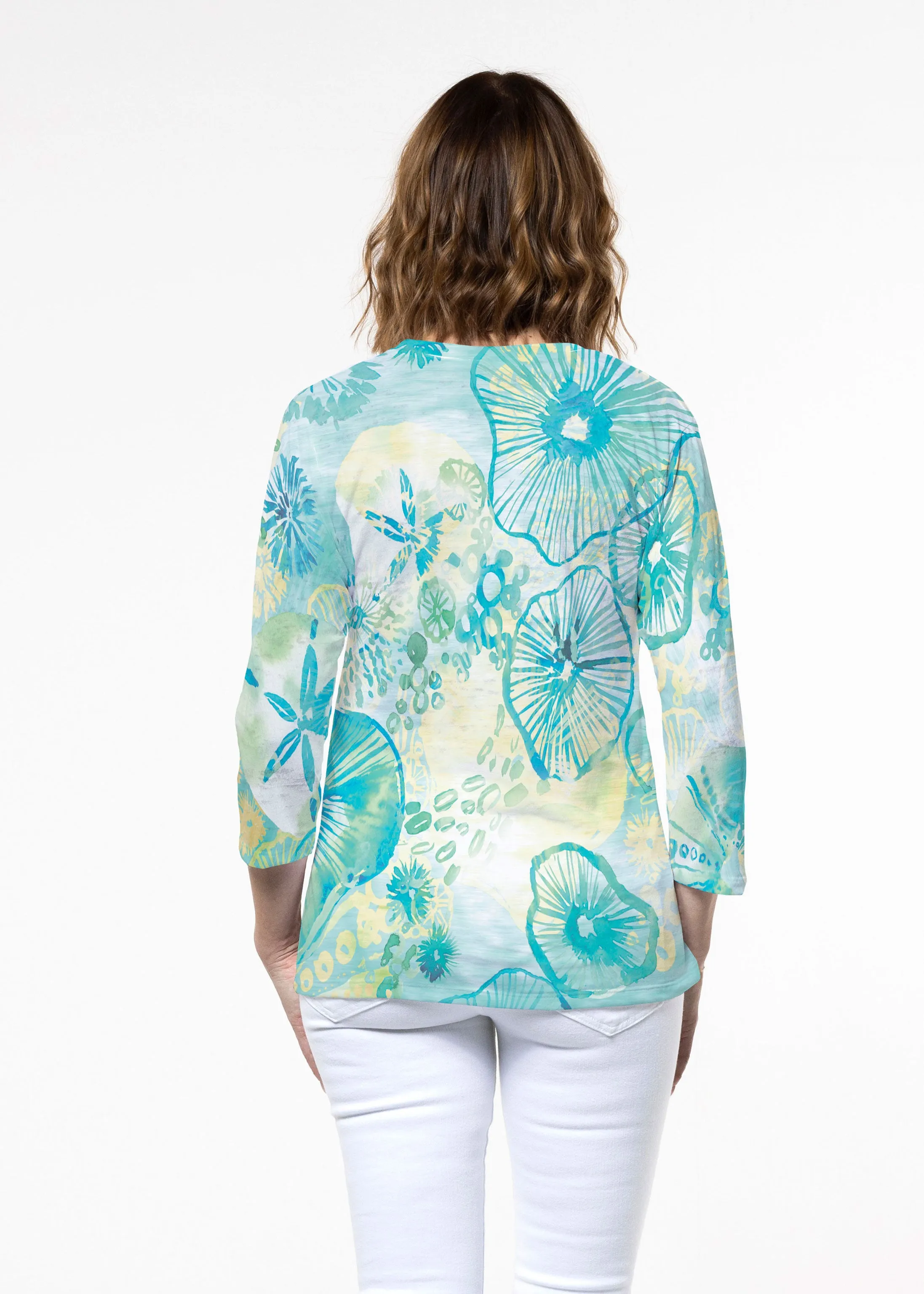 Sand Dollar Aqua (16256) ~ Signature 3/4 Sleeve Crew Neck Top