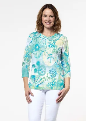 Sand Dollar Aqua (16256) ~ Signature 3/4 Sleeve Crew Neck Top