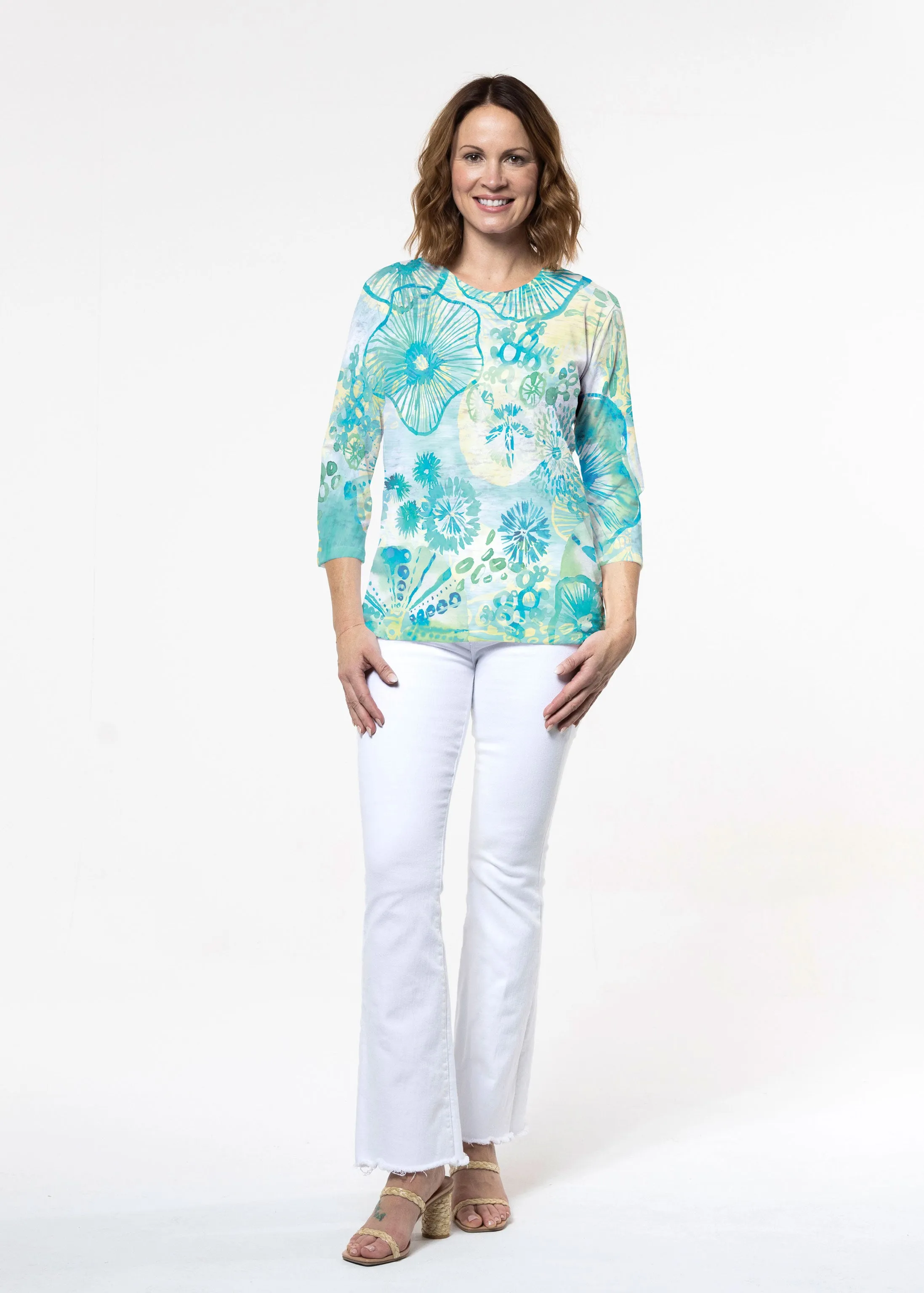 Sand Dollar Aqua (16256) ~ Signature 3/4 Sleeve Crew Neck Top