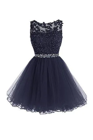 Scoop Short Nave Blue Zipper-up Tulle Homecoming Dress With Beading PG096