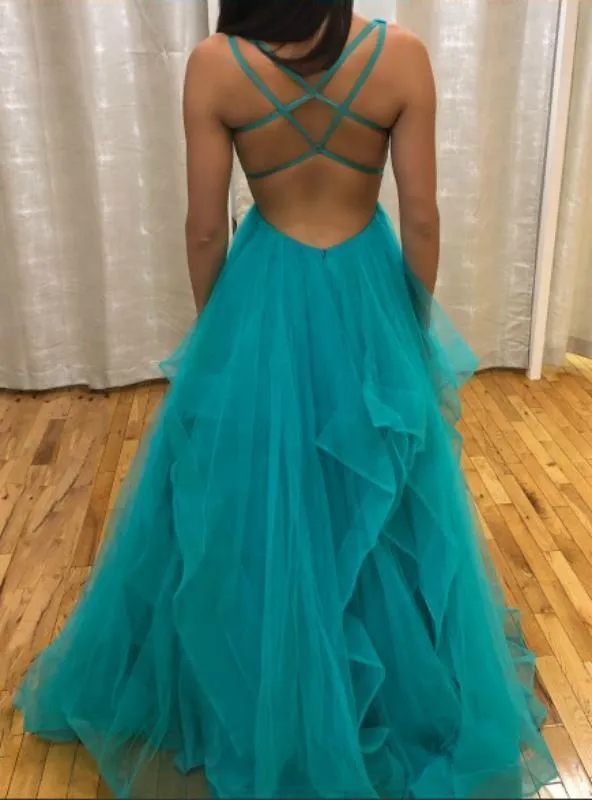 Sexy Deep V Neck Ruffles Pink Long Prom Dress with Criss Cross Back TP0840