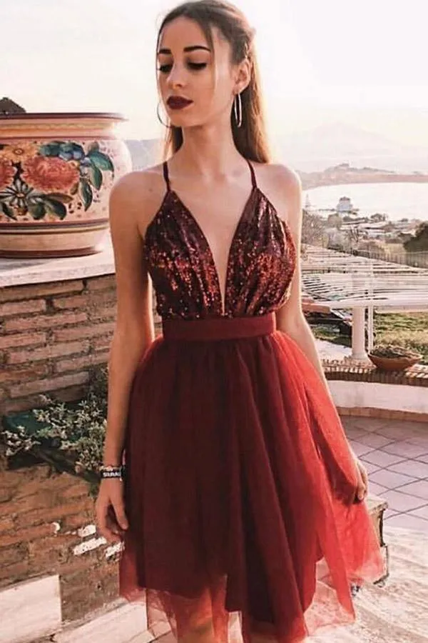 Sexy Spaghetti Straps Tulle A Line With Sequin Short Homecoming Dress HD0107