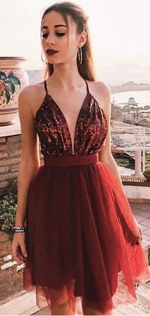 Sexy Spaghetti Straps Tulle A Line With Sequin Short Homecoming Dress HD0107