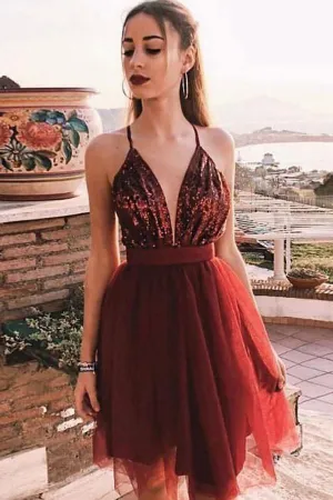 Sexy Spaghetti Straps Tulle A Line With Sequin Short Homecoming Dress HD0107