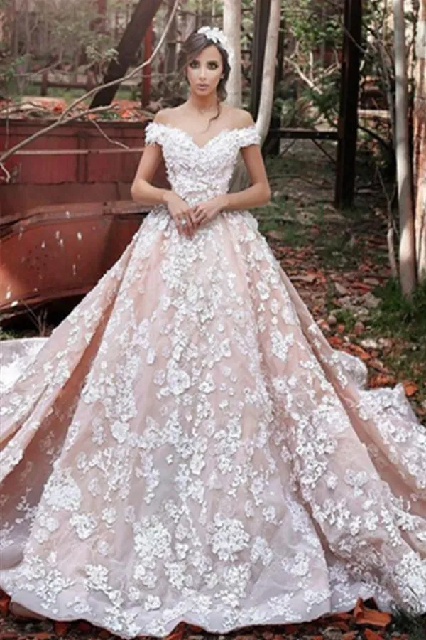 Shoulder Watteau Train Short Sleeves Organza Wedding Dress With Lace TN0069