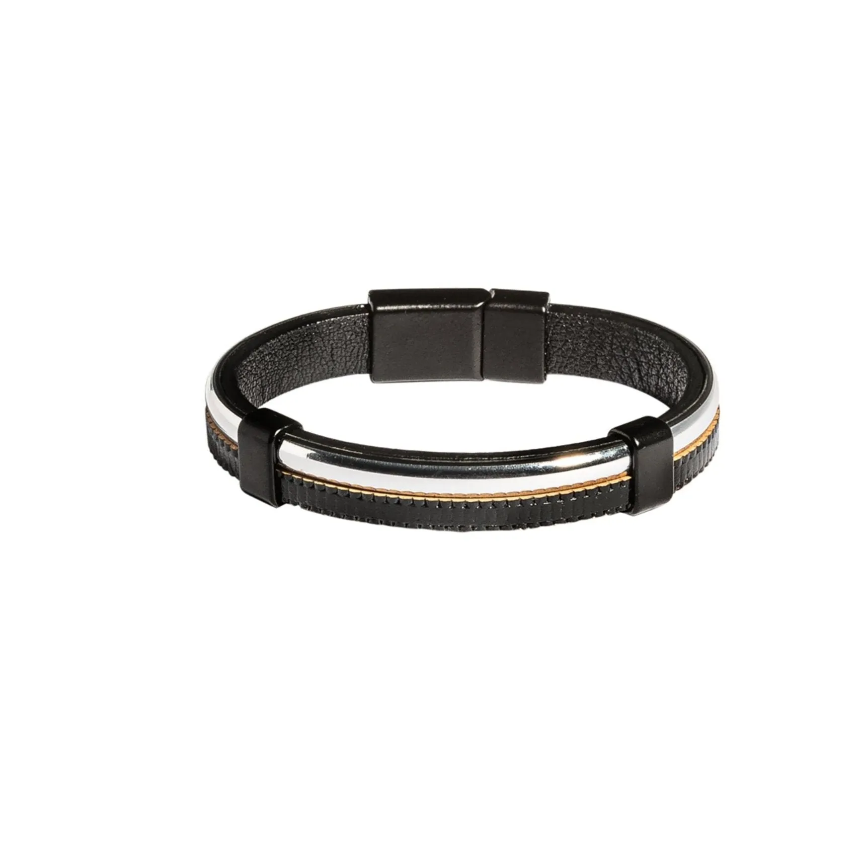 Silver and Leather Stainless Steel Magnet Bracelet
