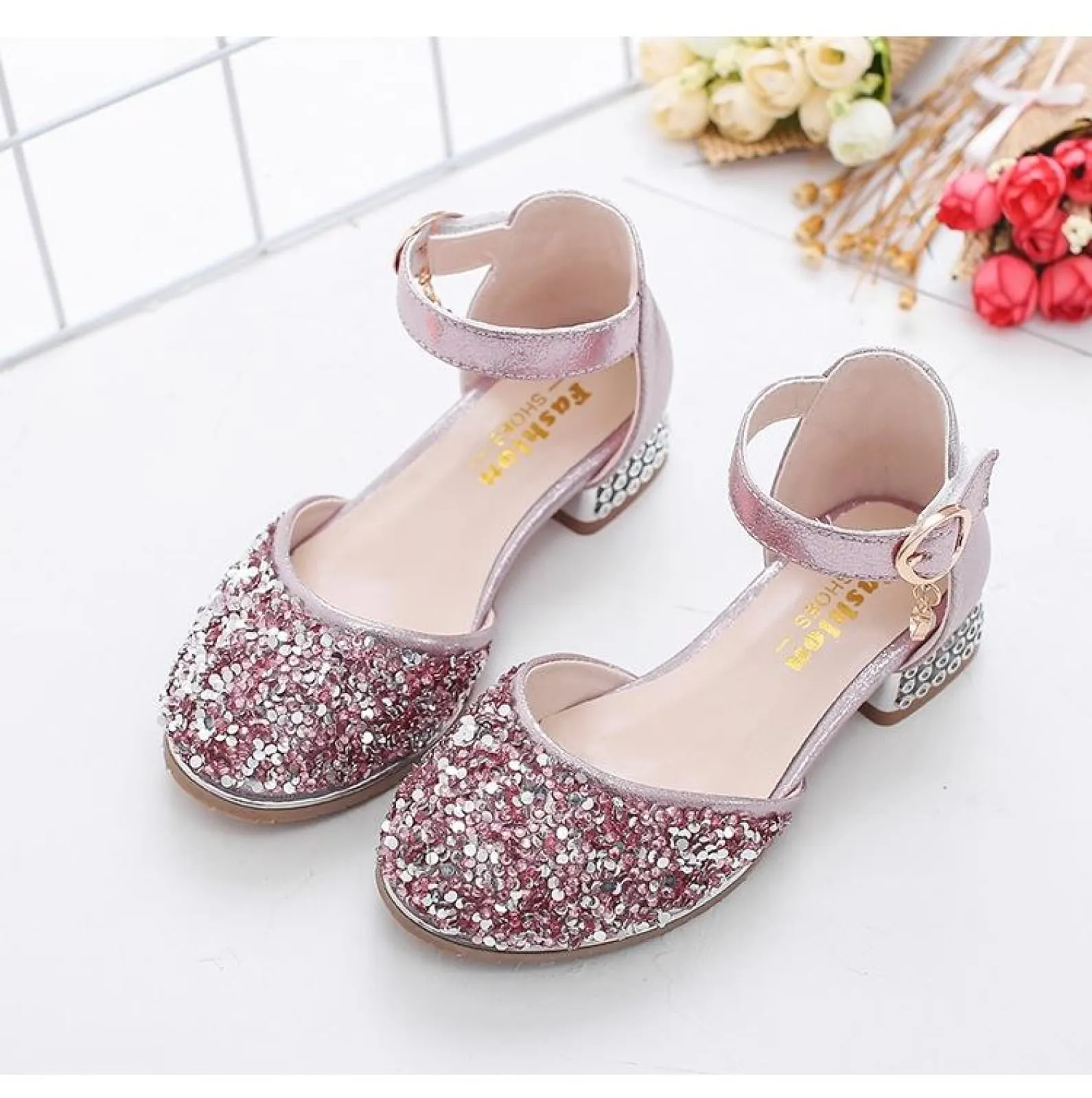 Silver / Pink Glitter Rhinestone High Heel Baby Kids Princess Party Shoes Wedding Flower Girl Shoes