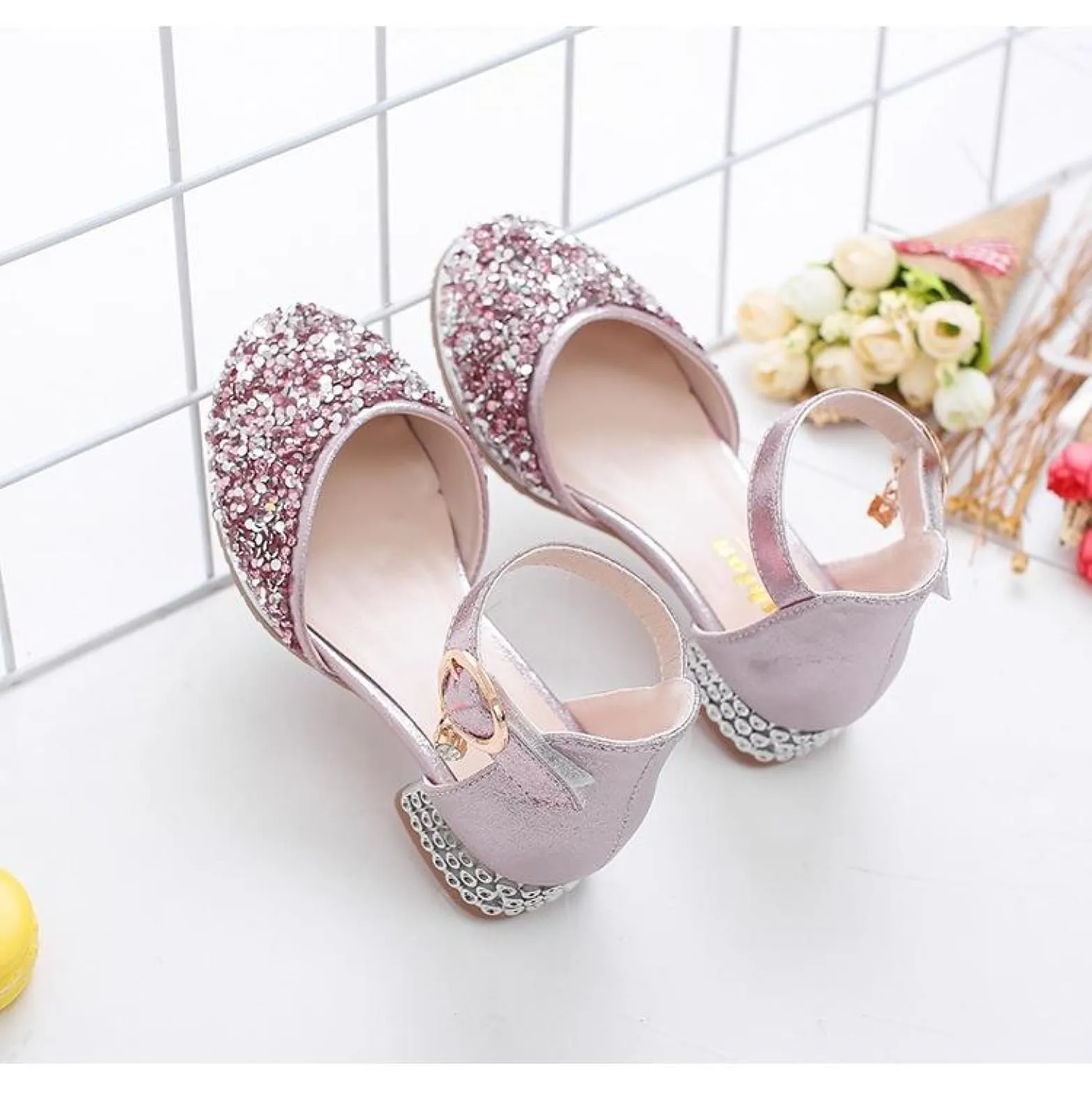 Silver / Pink Glitter Rhinestone High Heel Baby Kids Princess Party Shoes Wedding Flower Girl Shoes